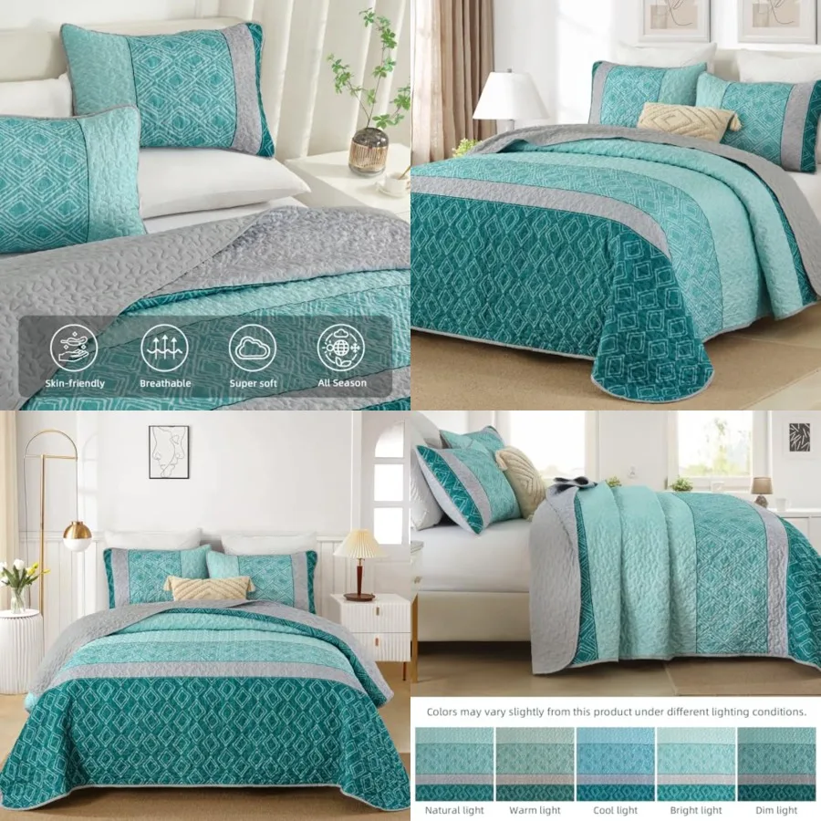 

Quilt Set, Boho Bedspread Size, Blue Sriped Plaid Bedding Set Soft Microfiber Quilt with 2 Pillow Shams 96x90