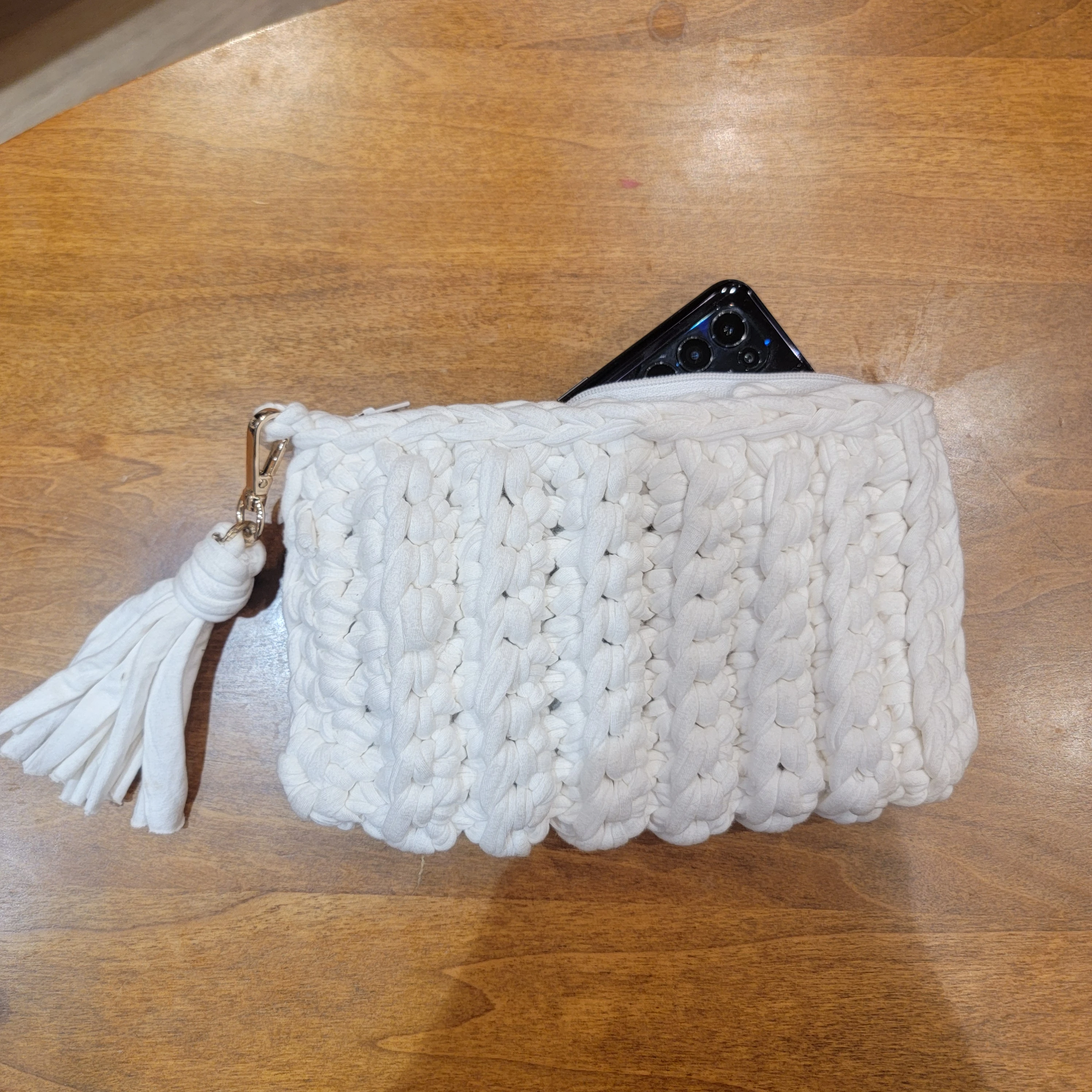 

CROCHET Storage bag Small Crochet Cosmetic Bag | Recycled T-Shirt Yarn | Eco-Friendly Crochet Clutch | Handmade Toiletry Bag