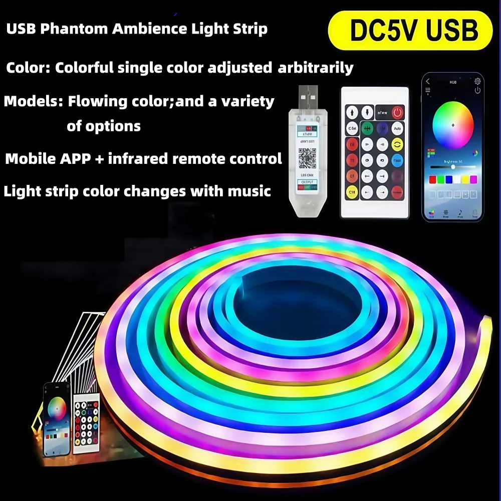 DC5V RGBIC Neon LED Strip Lights Neon Rope Light with Music Sync DIY RGBIC Dreamcolor Chasing Strip Tape for Home Decor Lighting