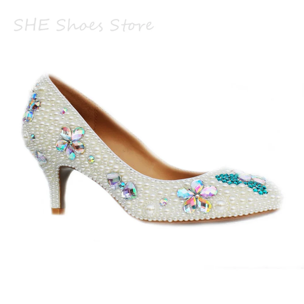 Handmade Pearl Women Shallow Pumps Wedding Bride Dress Shoes Luxury Rhinestones Petal Decor Hight Heels Ladies Catwalk Shoes