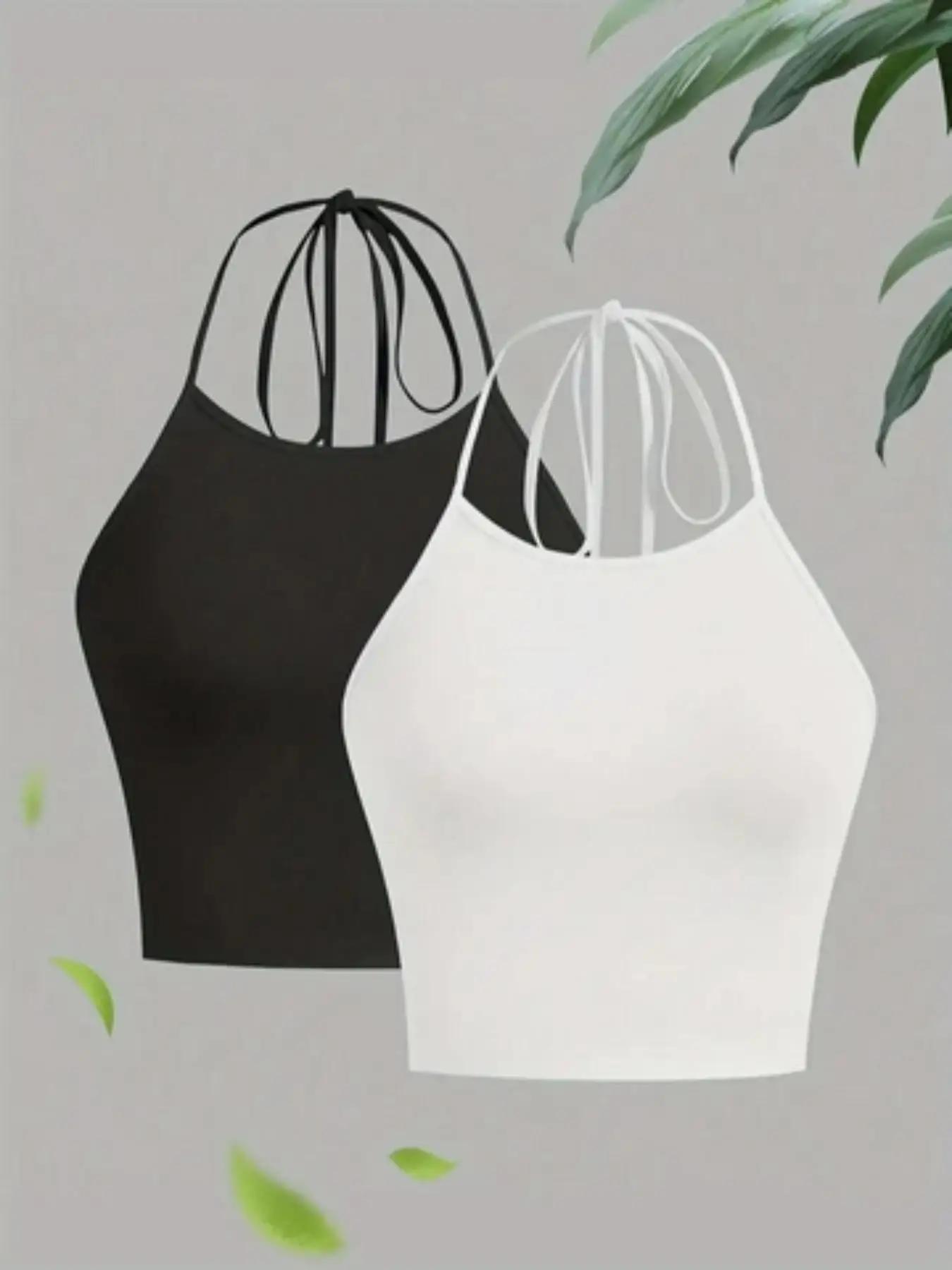 Summer European and American fashion solid color versatile black and white neck halter two-piece set