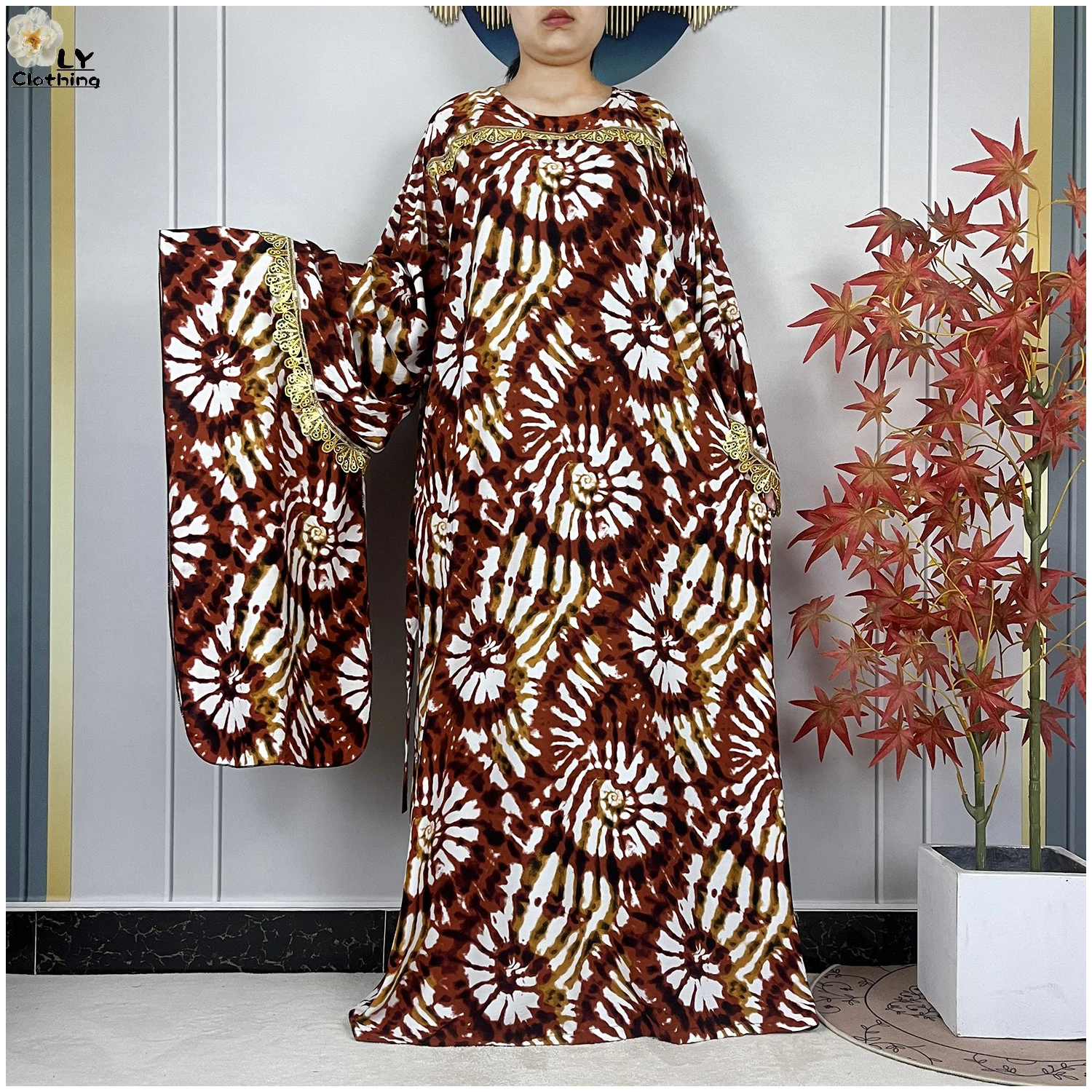 

Новое модное платье из высококачественного хлопка с длинными рукавами, женская абайя, мусульманское платье, свободное макси-платье, повседневный кафтан, африканская одежда с шарфом.