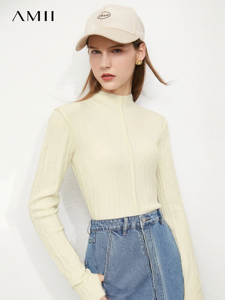 AMII Minimalism Solid Sweater for Women 2023 Autumn New Long Sleeve Slim Turtleneck Office Lady Knitwear Female Tops 12353049