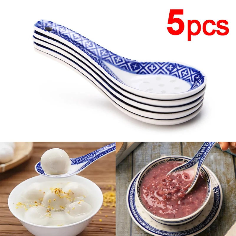 5Pcs Ceramic Spoon Chinese Style Children Rice Scoop Porridge Spoon Tableware Stir Spoon Soup Spoon Kitchen Cooking Utensil Tool