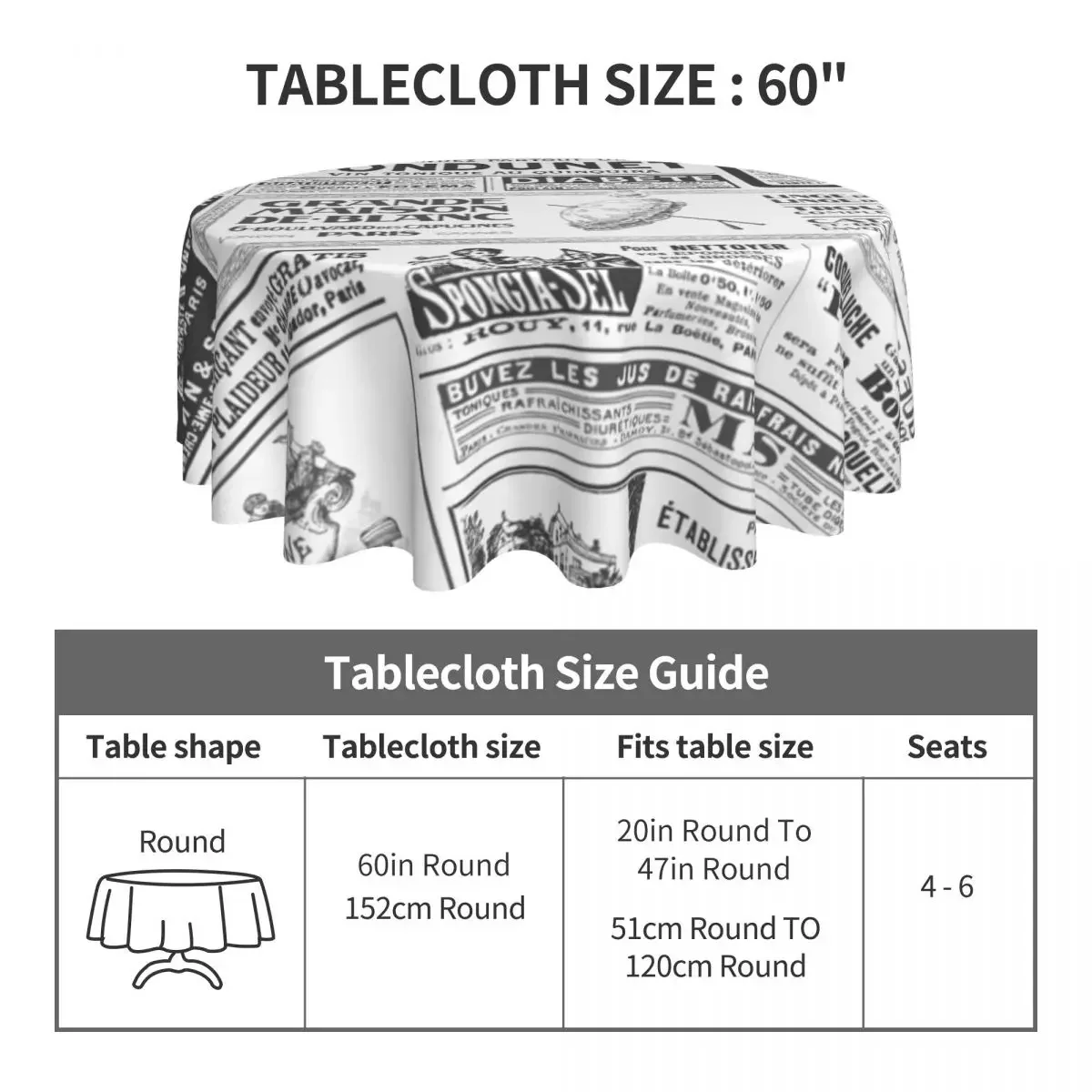 Cool Newspaper Tablecloth Vintage Print Polyester Round Table Cover Funny Printed Table Cloth For Banquet Christmas Party