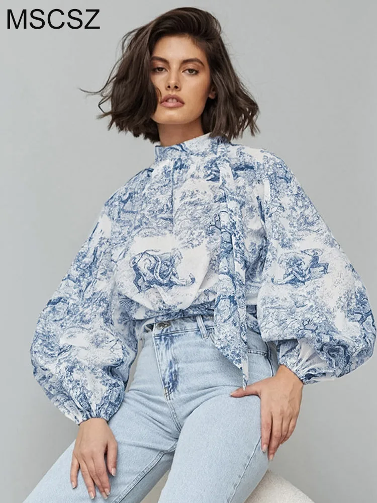 MSCSZ Stylish Women's Elegant Blouse Floral Printed Long Sleeve Office Blouses Woman Mock Neck Lace-Up Shirts & Blouses