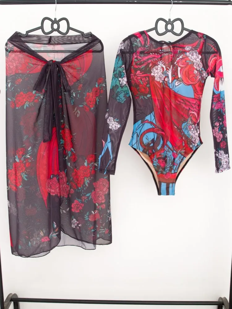 

Mesh Retro Bikini Printed Fashion Swimsuit And Cover Up With Skirt Tight Women's Bandage Summer Beach Luxury Elegant 2025