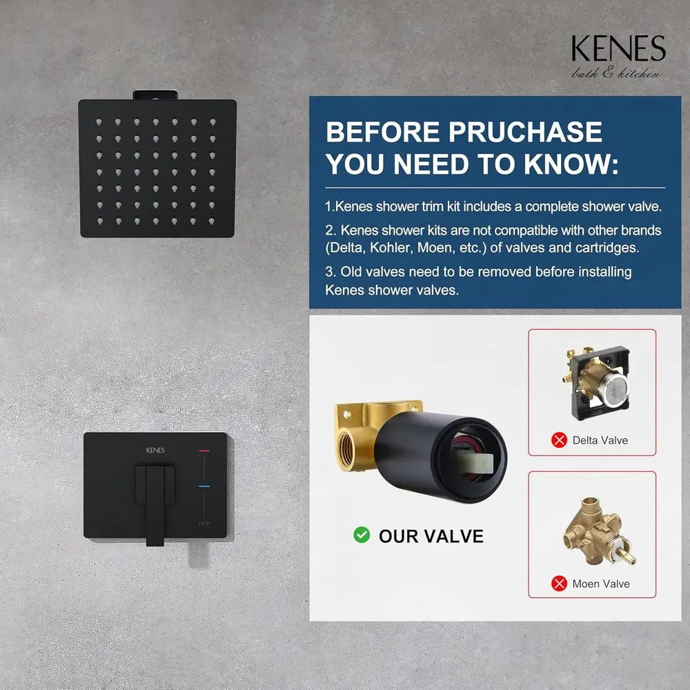 6 Square Rainfall Shower System with Matte Black Faucet and Handle, Wall-Mounted, KE-6025B-2 (Valve Included)