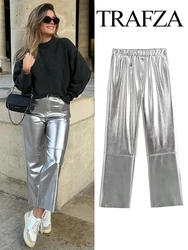 TRAFZA Trousers For Women Autumn Fashion Elegant Silver Elastic Waist Straight Pants Slim High Waist Woman Y2k Vintage Chic Pant