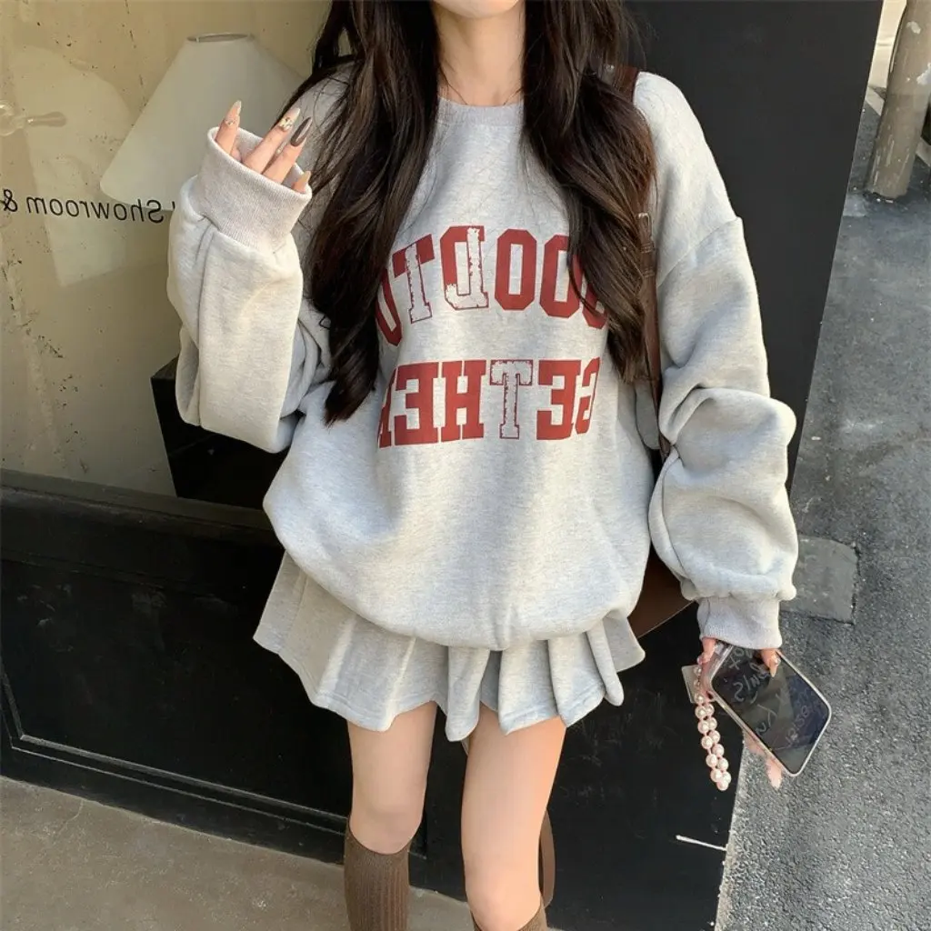 

Women's Fashion Two-Piece Set Letter Print Sweater And High Waist A-Line Pleated Skirt Autumn Winter Gray Outfit