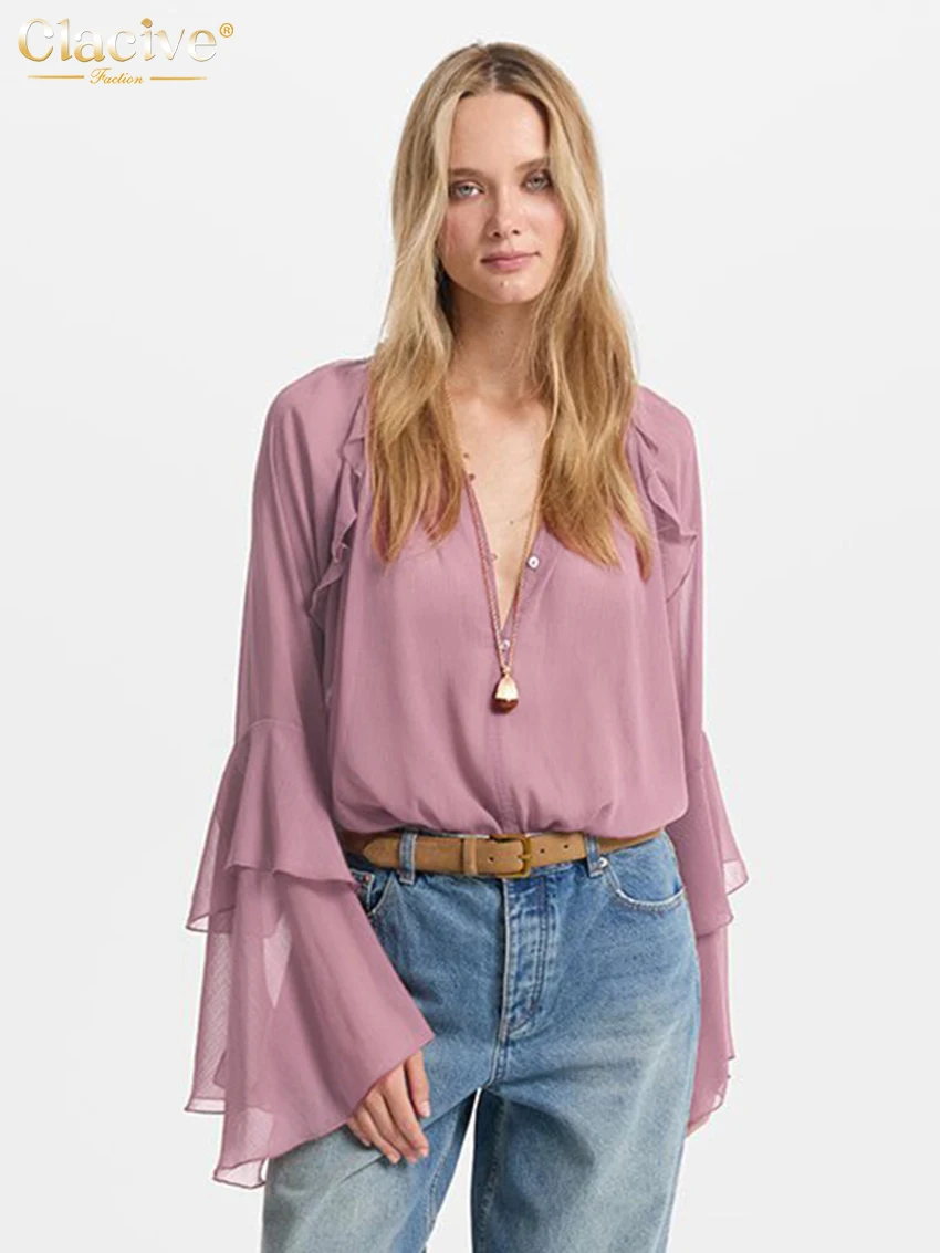 

Модная свободная розовая женская рубашка Clacive с V-образным вырезом и длинным рукавом, элегантный классический однотонный топ, женская одежда в уличном стиле