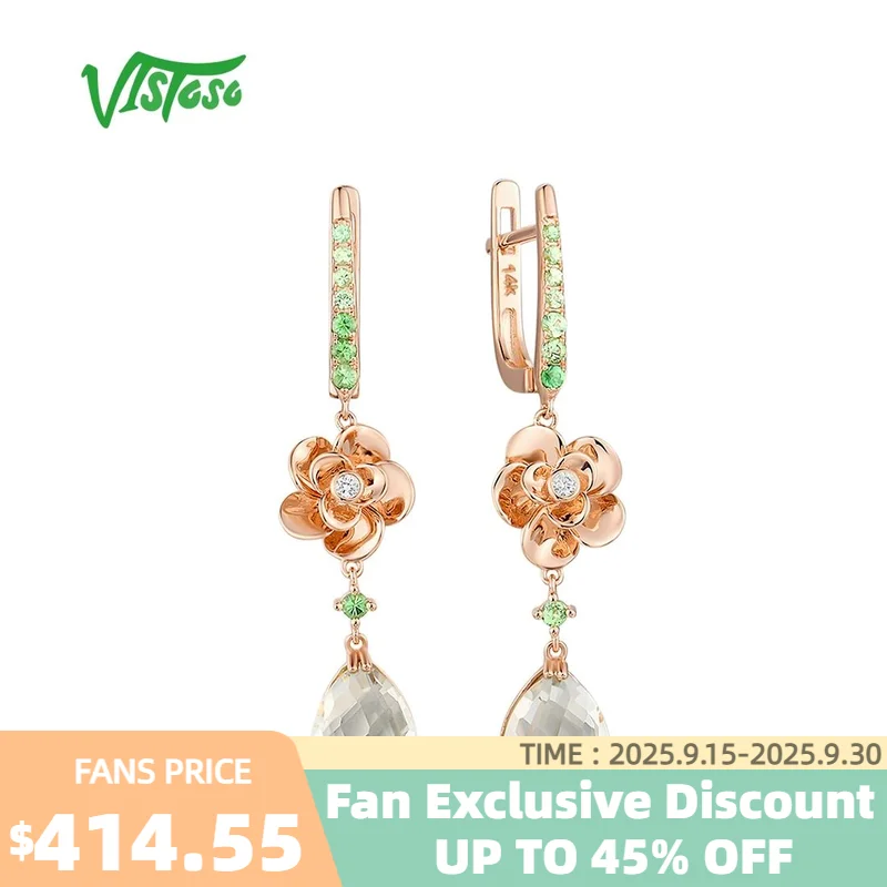 

VISTOSO Pure 14K 585 Rose Gold Flower Earrings For Women Sparkling Diamond Green Amethyst Garnet Party Anniversary Fine Jewelry
