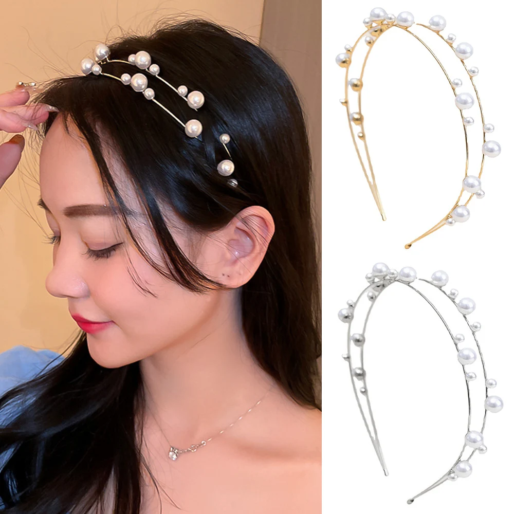 Double Layered Pearl Hair Hoop Women Fashion Simple Hair Bands Hair Accessories Girl Fairy Wedding Bride Headband Headwear Gift