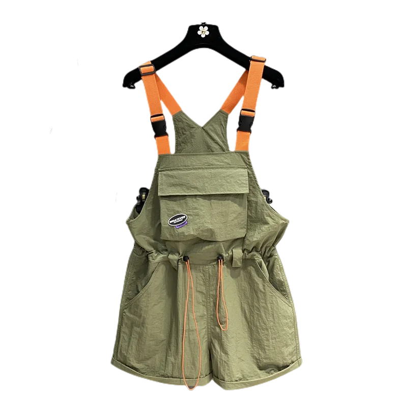 Street Casual Contrast Loose Overalls Summer New Drawstring Pleated Pockets Patchwork Trend Shorts Fashion Vintage Women Clothes