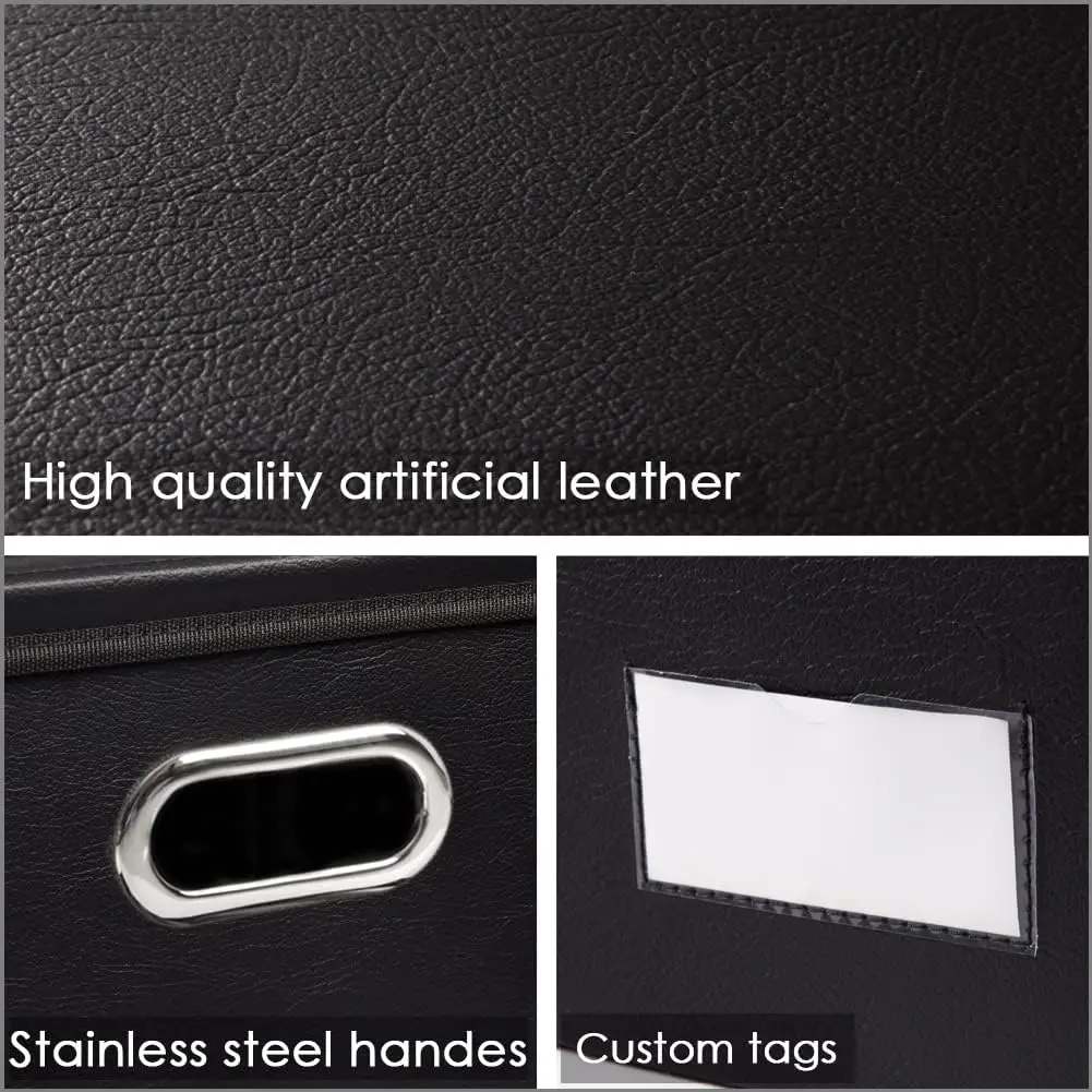 3-Pack Collapsible Storage Box with Lid, Leather Fabric Foldable Bins for Home Closet Office, Black 22.8x15.7x11.8 view 3
