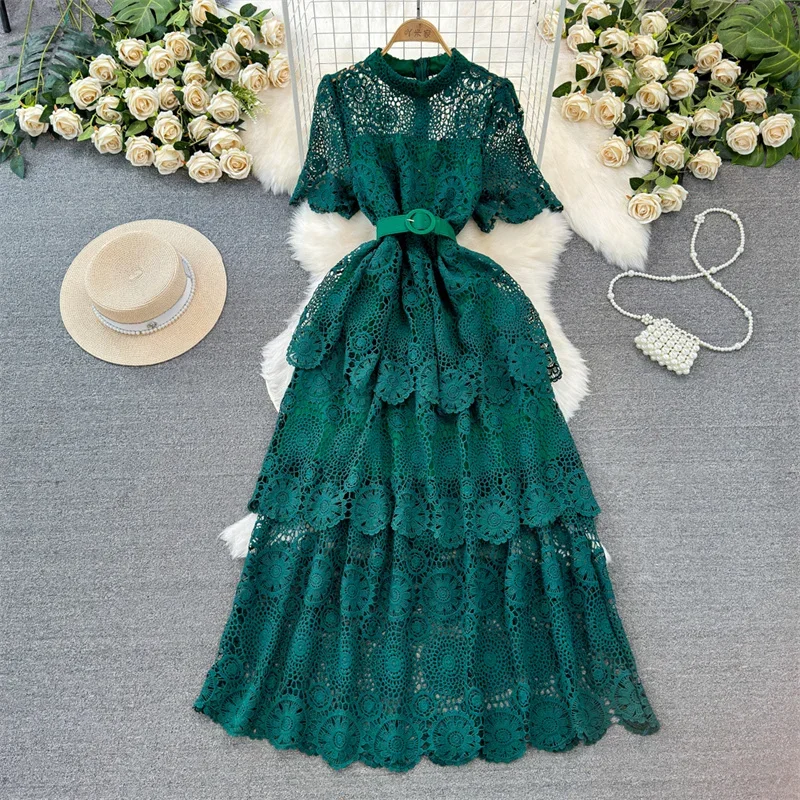 Elegant Ladies Water-soluble Lace Formal Evening Dress 2025 New Short Sleeved Belt Waist Purple Dress Emerald Hollow Party Dress