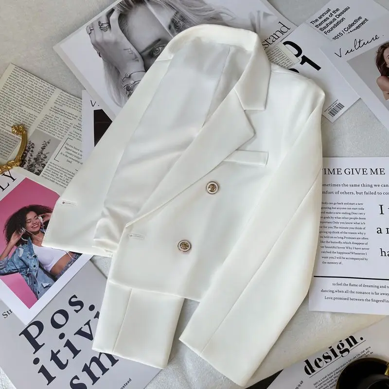 Cropped Jacket Black White Blazer Women Clothing Double-breasted Slim Autumn Coat Long Sleeve Korean Chic Streetwear Outerwear