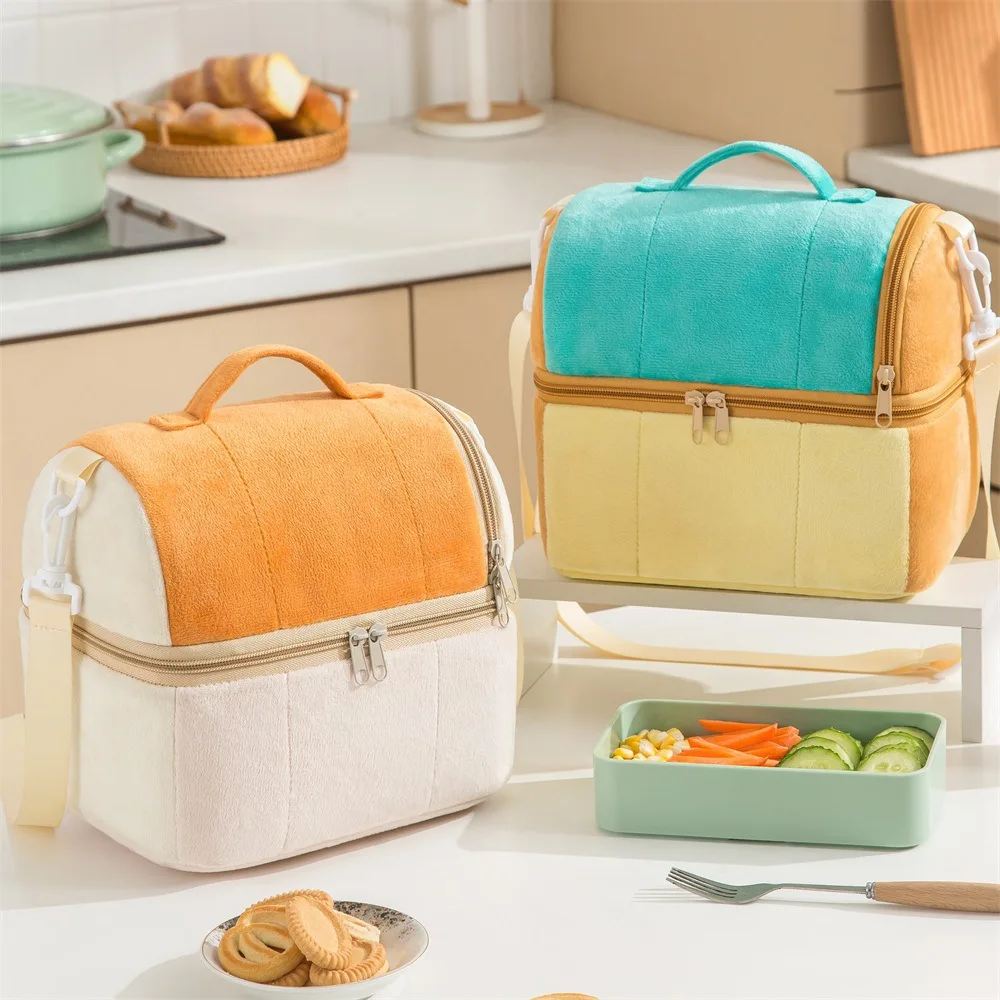 Plush Insulated Lunch Box Bag Dual Compartment Thermal Bento Bag With Shoulder Strap Portable Food Cooler Bag For Adults Kids
