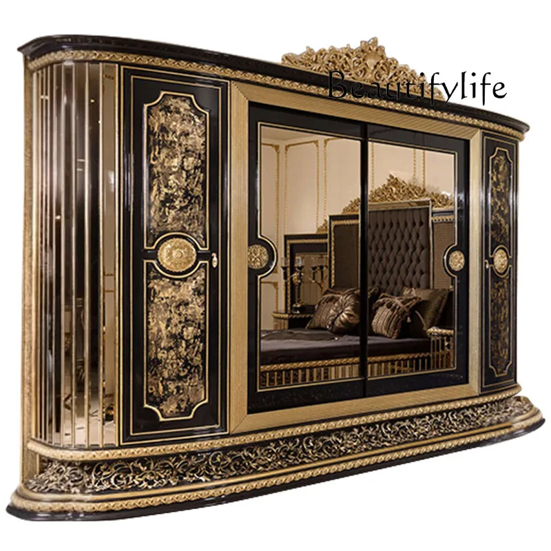 European luxury solid wood mirror wardrobe French court wardrobe locker bedroom carved storage cabinet