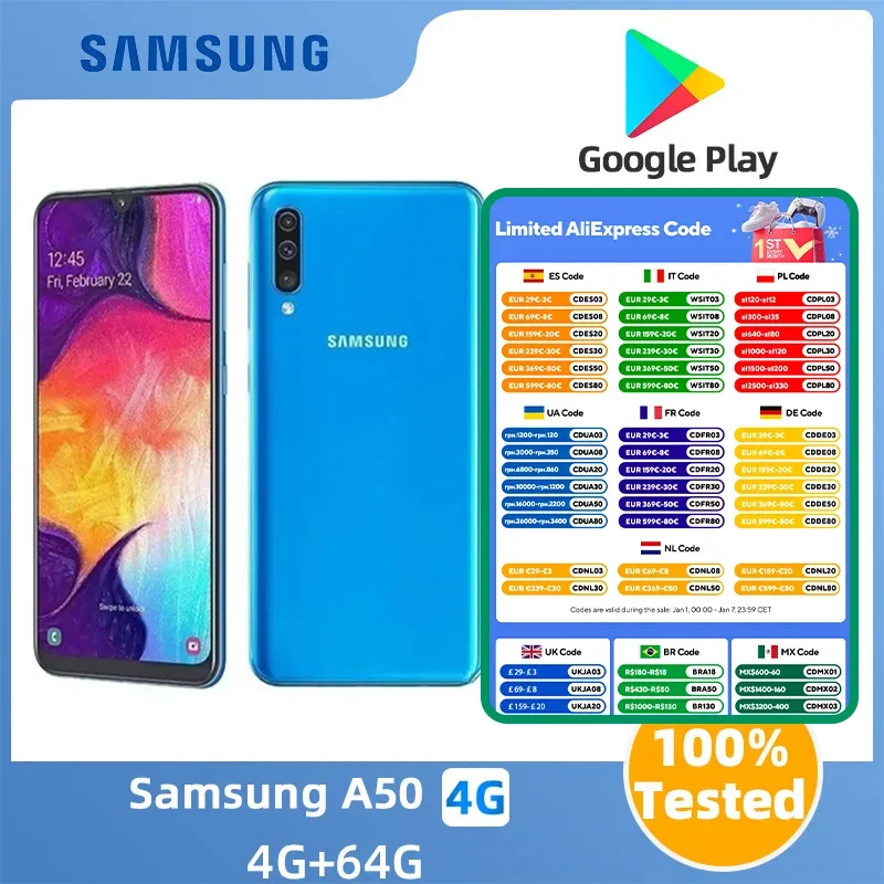 Samsung  Galaxy A50 4G  SmartPhone Exynos 9610  4RAM 64G ROM  6.4inch 4000mAh 25MP Cameras Android  Used Phone