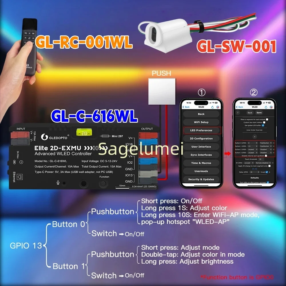 

ESP32 WLED LED Controlle Elite 2D EXMU Advanced с предохранителем MIC 20A DIY Динамический свет для WS2812b SK6812 Strip GLEDOPTO GL-C-616WL