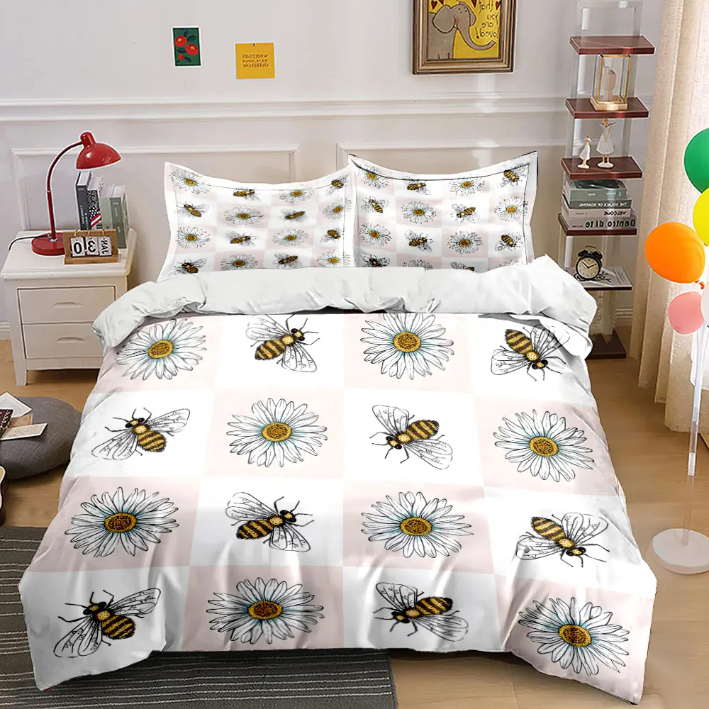 Hand-drawn bees and daisies pattern Duvet Cover Set Digital Print Colorful Polyester Bedding with Zipper Closur for kids gifts