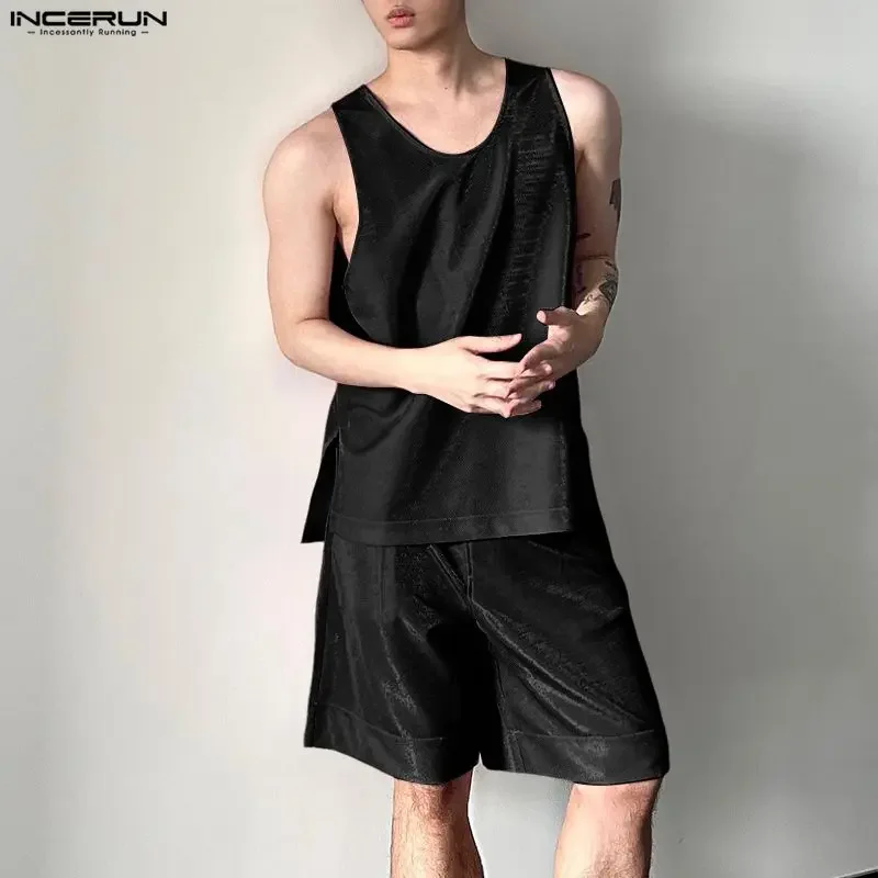 INCERUN Men's Sets Shiny Solid O-neck Sleeveless Tank Tops Shorts Two Piece Sets Streetwear 2026 Fashion Men Matching Sets S-5XL - view 3
