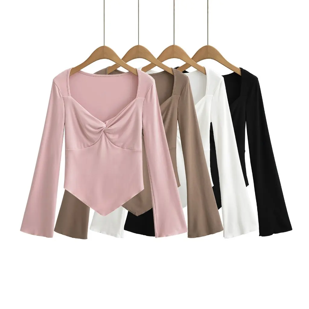 

Women's Sexy Slim-fit T-Shirt with Low-Cut V-Neck Twisted Bell Sleeves Long Sleeve Top for Casual Wear