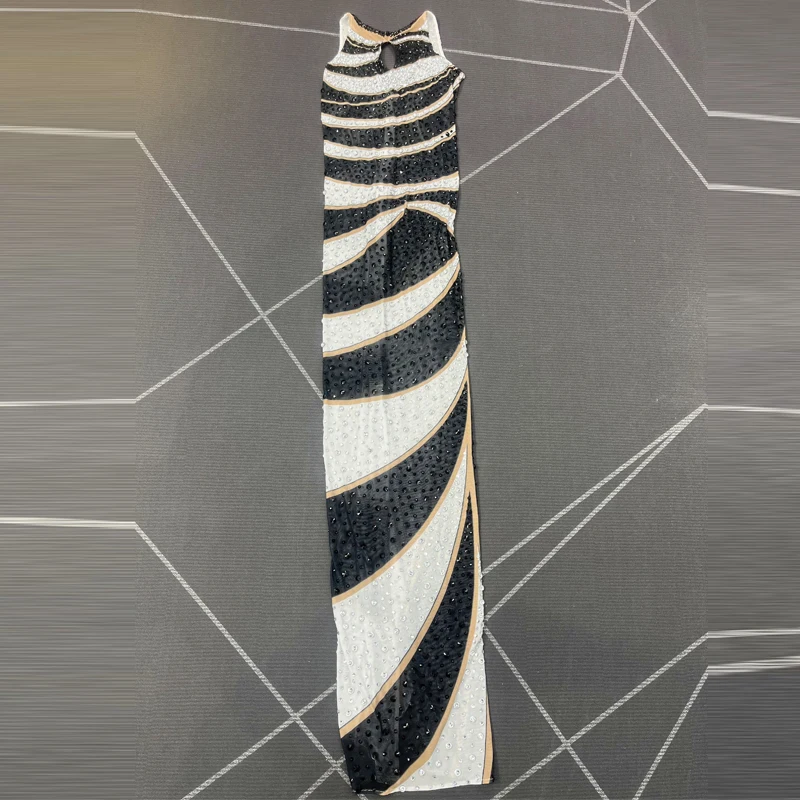 女性祝うイブニングドレス白黒ラインストーンフェスティバル衣装歌手ジャズ衣装ステージパフォーマンスドレス XS10059