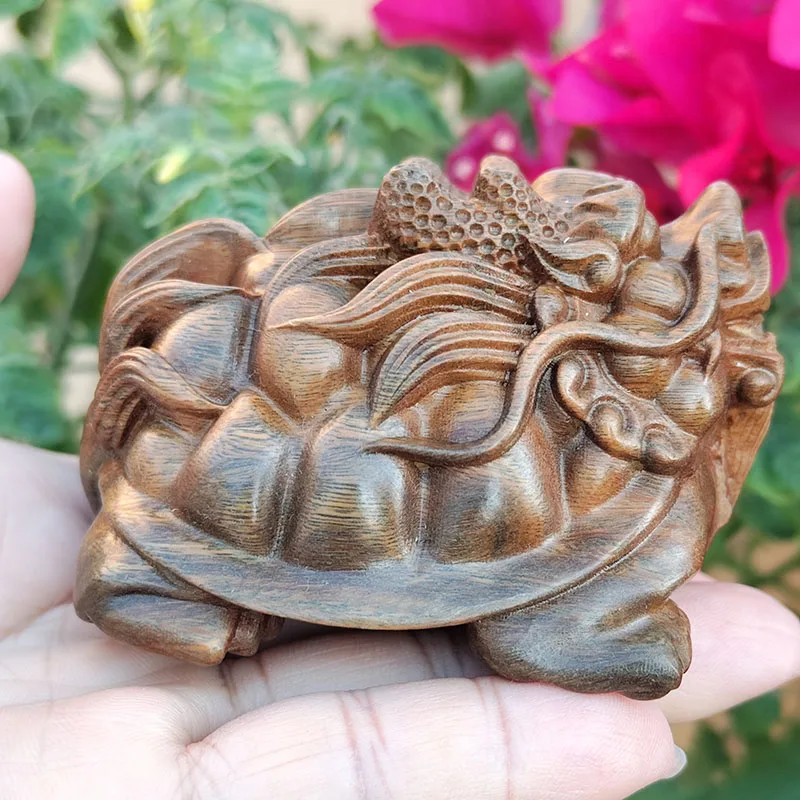 YZ326 - 8 * 6 * 5 CM Green Sandalwood Carved Figurine - Dragon Turtle