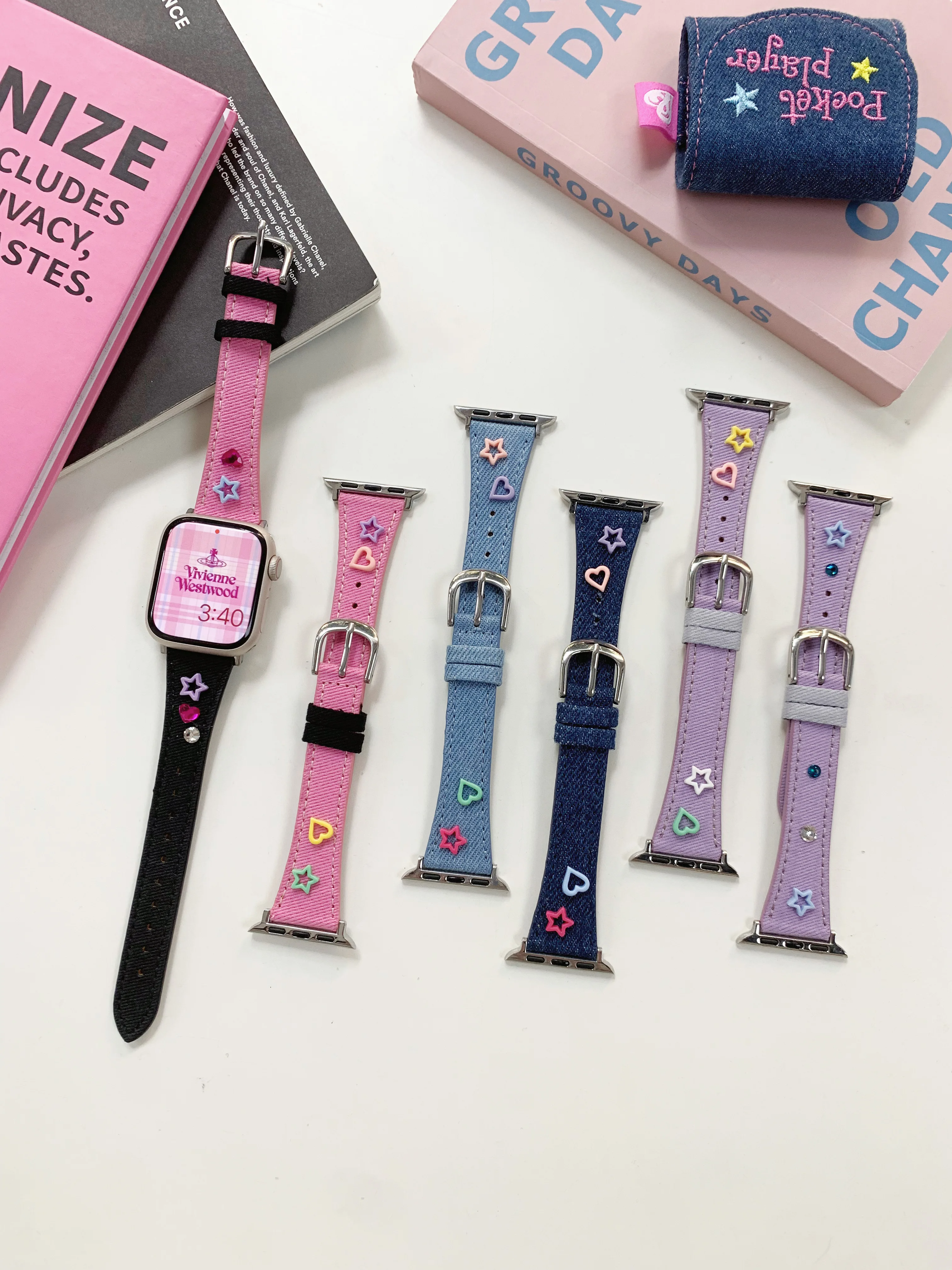 Y2k Star Heart Denim Canvas Band For Apple Watch Band 41mm 40mm 38mm Girl Band For iwatch series 8 7 SE 6 5 4 3 Strap bracelet