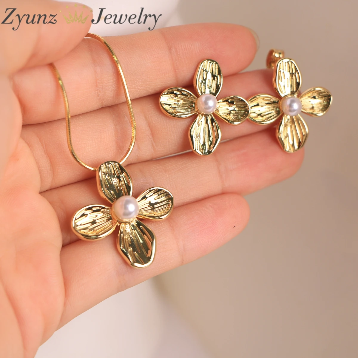 5Set, Dainty Gold Color Flower Pendants Necklaces Earrings Sets for Women Delicate Wedding Jewelry Set Wholesale