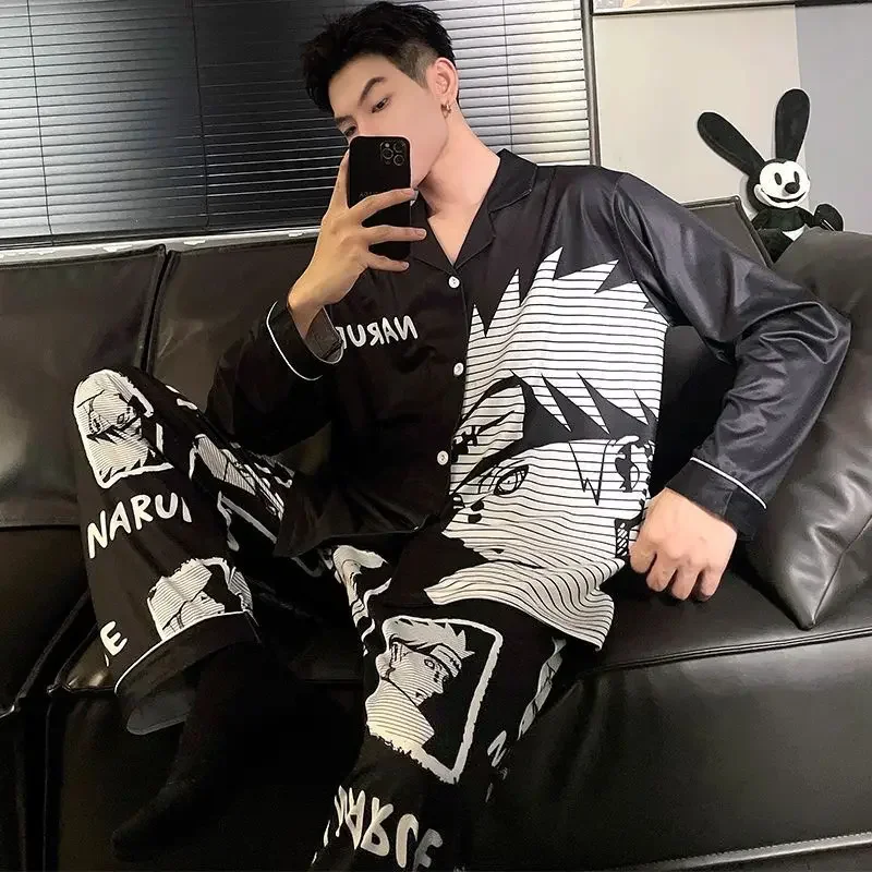 NEW Naruto anime peripheral cartoon black men\'s pajamas early autumn long-sleeved trousers handsome teenagers home clothes set