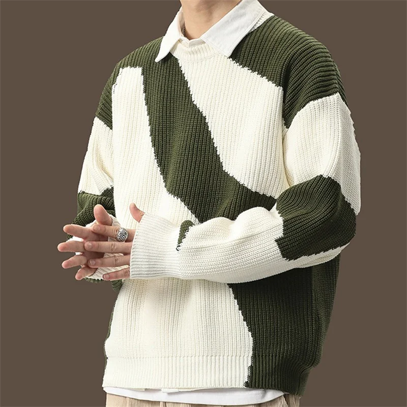 

Spring Retro Green White Color-block Sweater For Men Casual Loose Striped Crewneck Knitwear New Hip Hop Y2K Knitted Jumpers