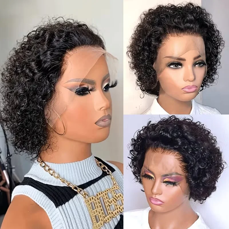 Short Curly Pixie Cut Human Hair Wigs for Women, 13x1 Transparent Lace Frontal Human Hair Wigs, Natural Looking Pre Plucked Short Lace Front Pixie Wigs