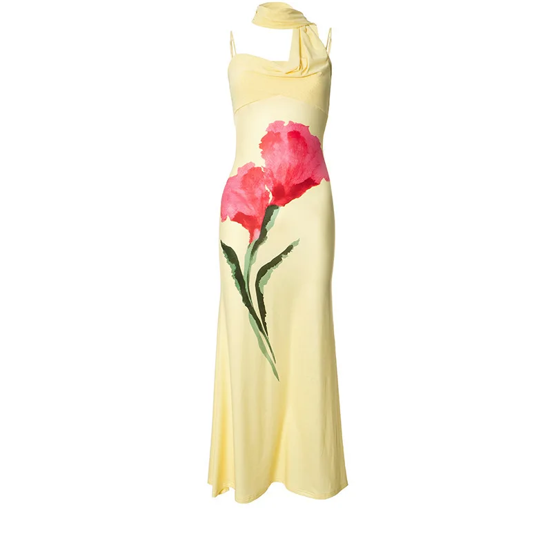 GuliriFei Abito lungo estivo da donna con stampa floreale, senza maniche, con cinturino per spaghetti, abito a coda di pesce sottile