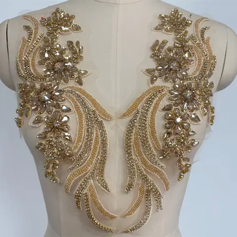 1 Pair Handmade Beaded Crystal Bodice Applique Patches Accessory for Dress Clothes DIY