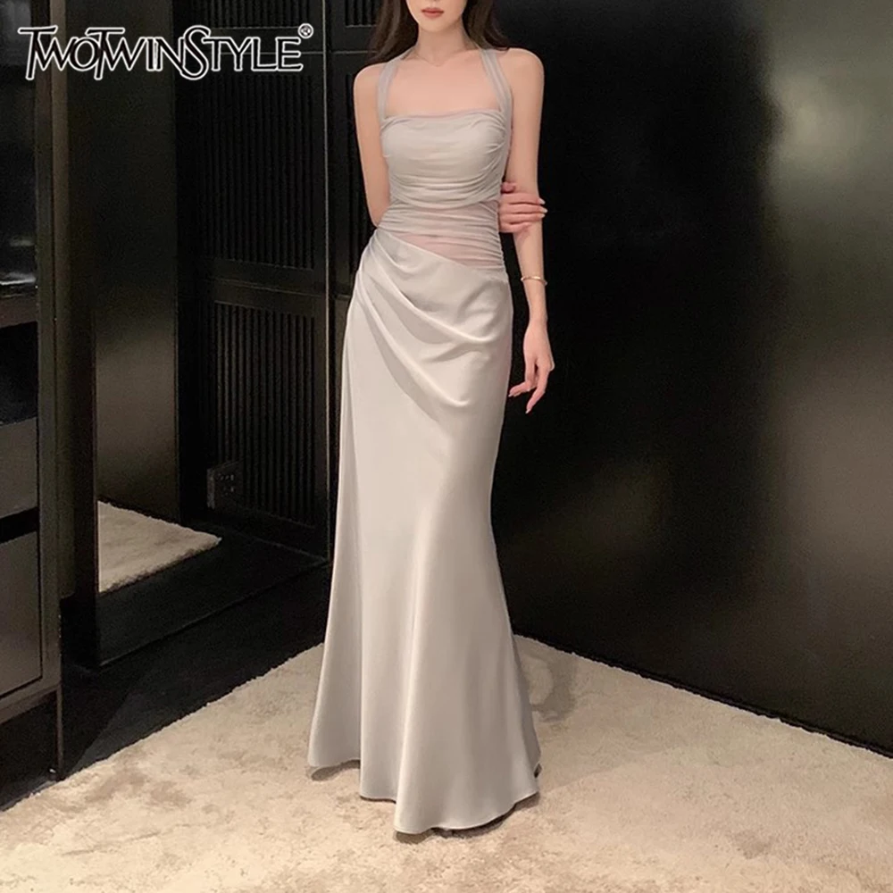 

TWOTWINSTYLE Solid Spliced Mesh Elegant Dresses for Women Square Neck Sleeveless High Waist Temperament Dress Female