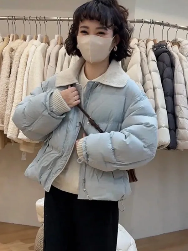 

Стильная женская короткая пуховая куртка с цветными блоками и пышным воротником, свободного кроя, теплая, в милом стиле, с наполнителем из утиного пуха, для повседневной носки зимой.