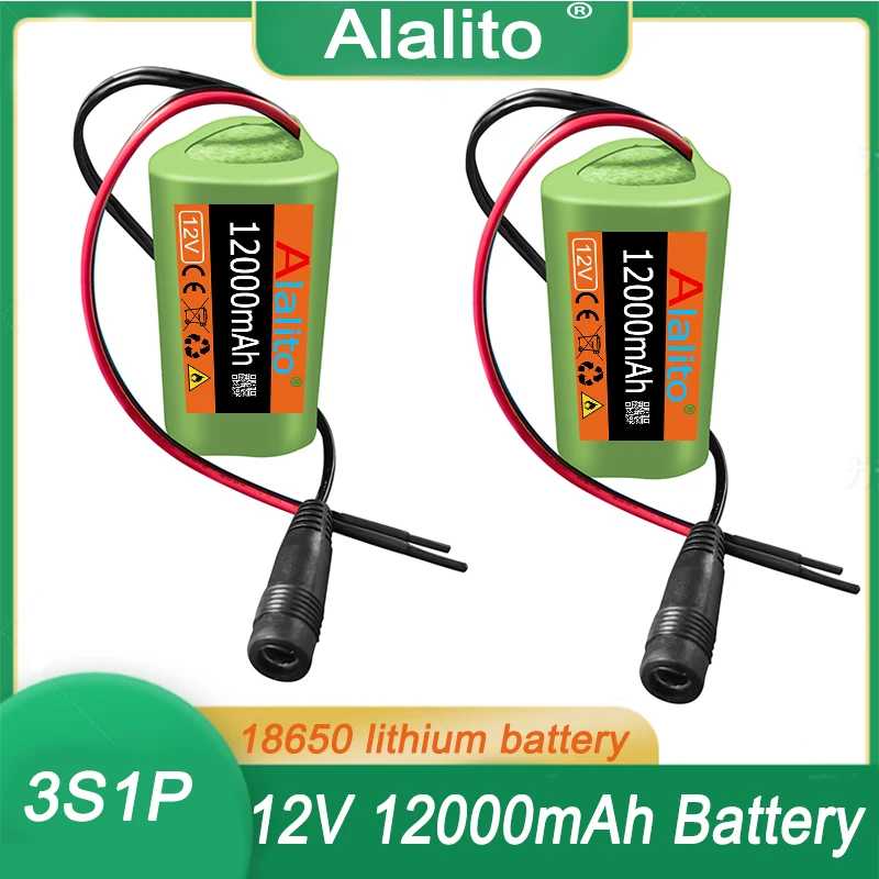 New 12V 18650 Battery Pack 12000mah 3S1P Li-ion Rechargeable Batteries with BMS Lithium Cells Protection Board +12.6V Charger