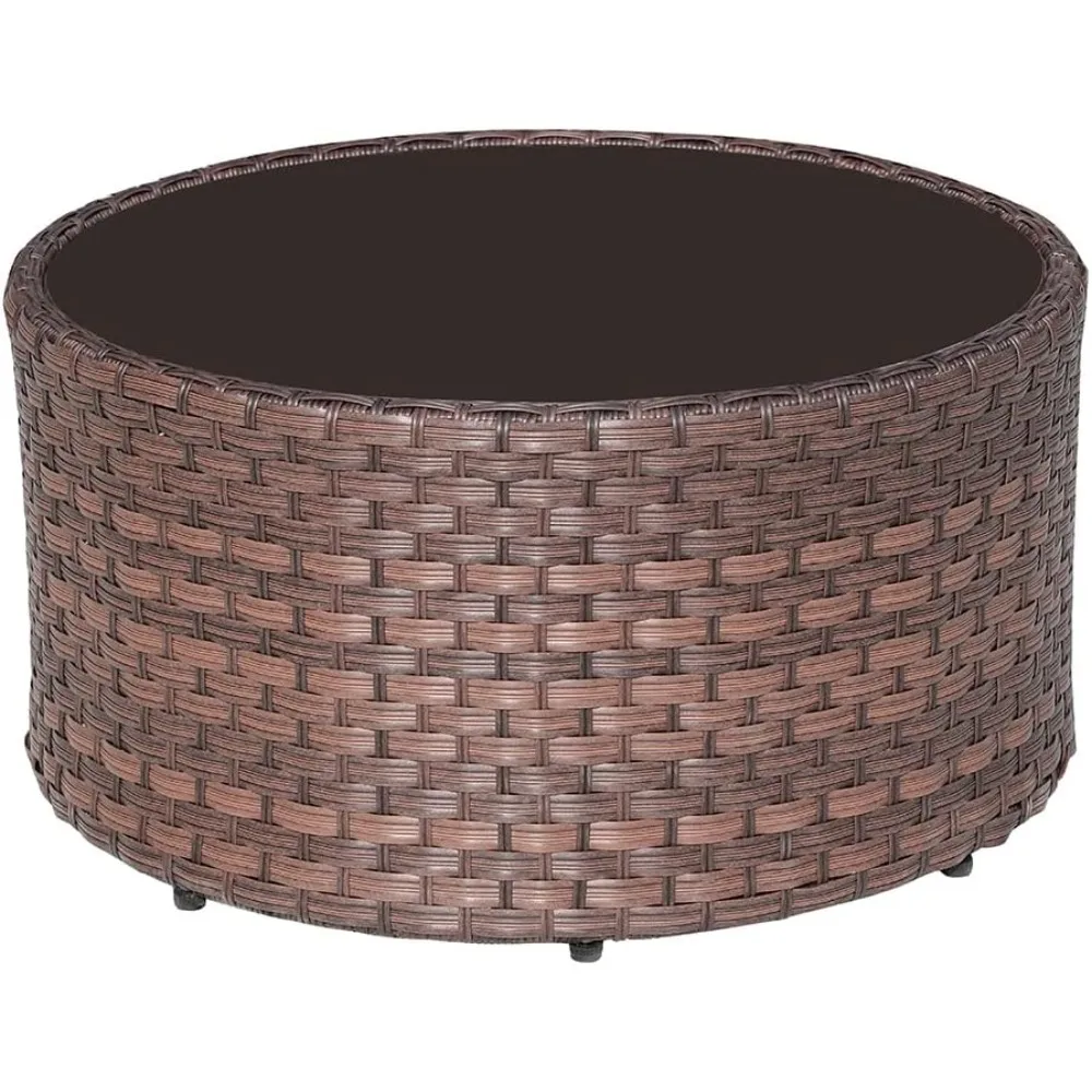 Tavolino da caffè rotondo da esterno con piano in vetro temperato, tavolino da patio in vimini e resina PE in rattan, marrone