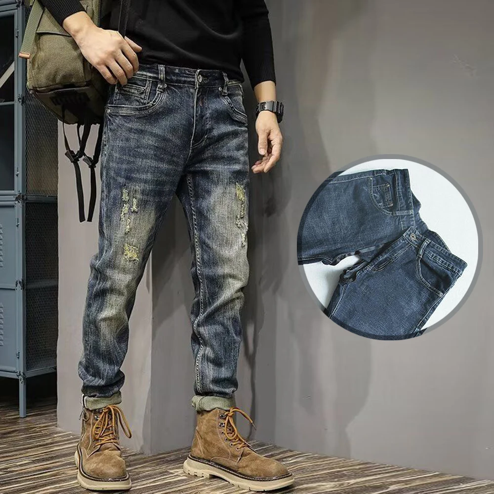 Patch Denim Invisible Open Crotch Outdoor Sex High-End Fashion Ripped Jeans Men's Streetwear Vintage Slim Casual Pants