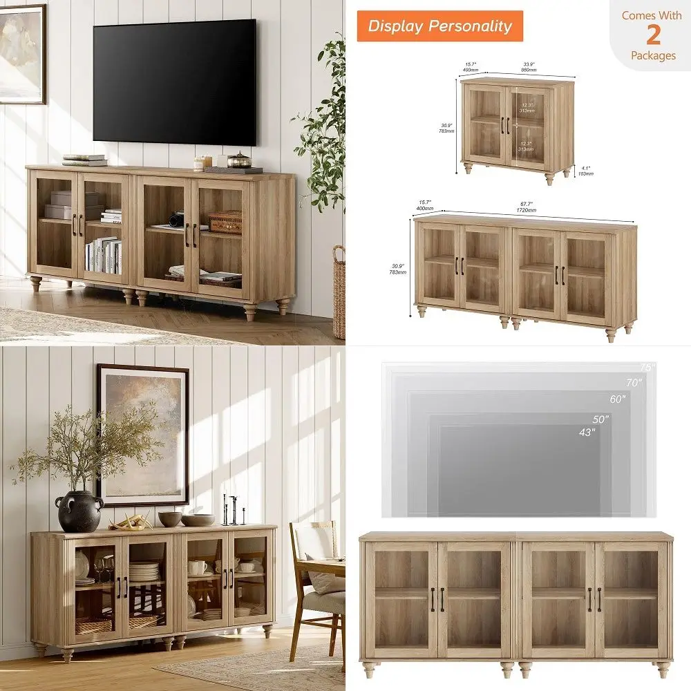 

Farmhouse TV Stand for 75 inch TV with 4 Glass Doors, Wood Universal TV Stand with 4 Storage Cabinets, Grey Entertainment Cente