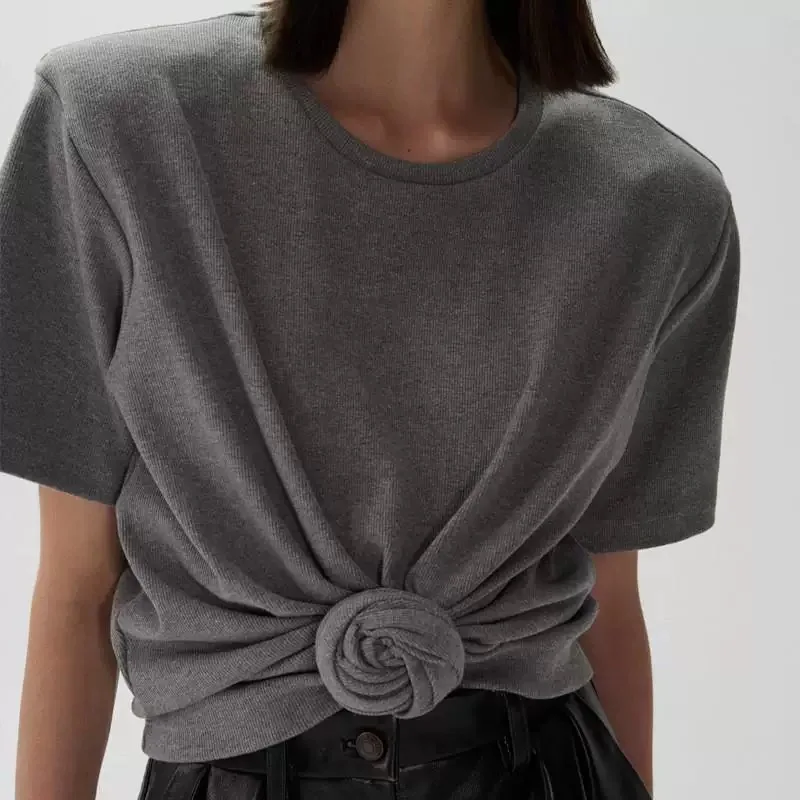 Y2K knotted twist knitted threaded round neck Top women fashionable and versatile navel padded shoulder short-sleeved T-shirt