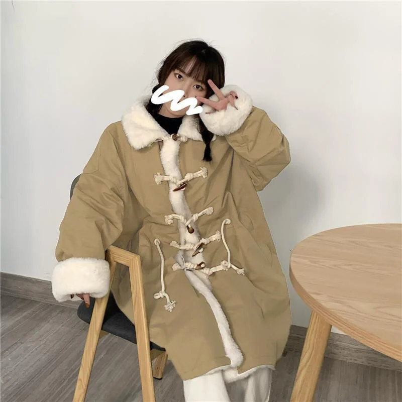 2023 Spring Autumn Versatile Cow Horn Button Mid Length Lmitation Lamb Plush Warm New Workwear Fur Edge Coat Cotton Coat Women