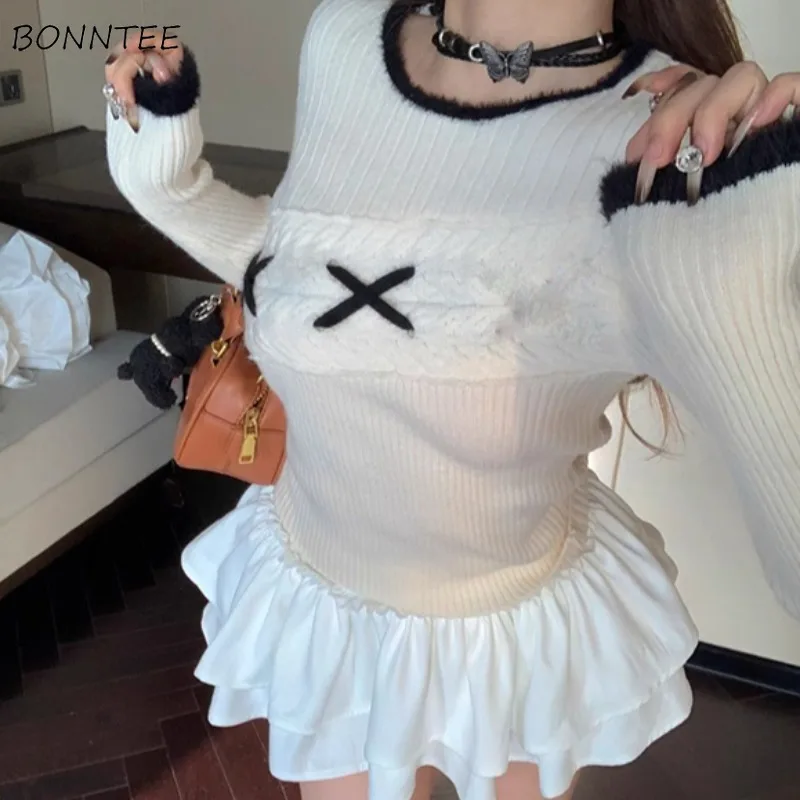 

Pullovers Women Y2k High Street Sexy Simple Fashion Spring Autumn Long Sleeve Knitted Personality Design Panelled All-match Fit