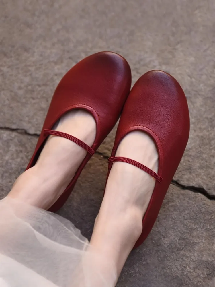 Artmu Original Women Shoes Round Toe Mary Jane Flats Luxury Soft Soles Luxury Elegant Elastic Band Red Genuine Leather Shoes