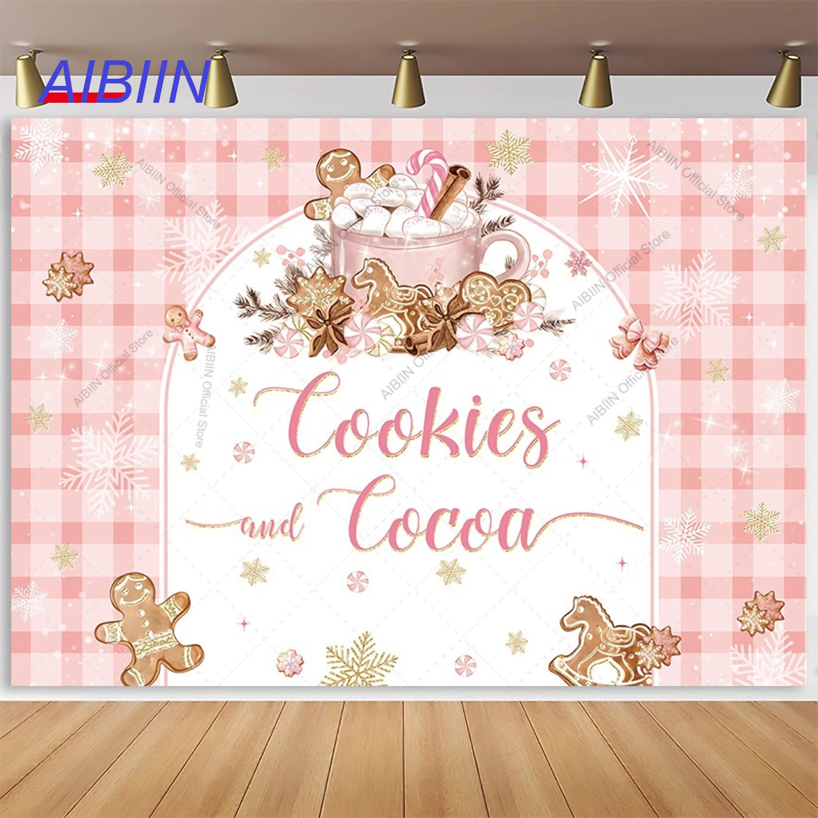 Fondo de Navidad para niños, galletas de jengibre y cacao, rejilla de cuadros rosa, copo de nieve, decoración de fiesta de cumpleaños de invierno para niña