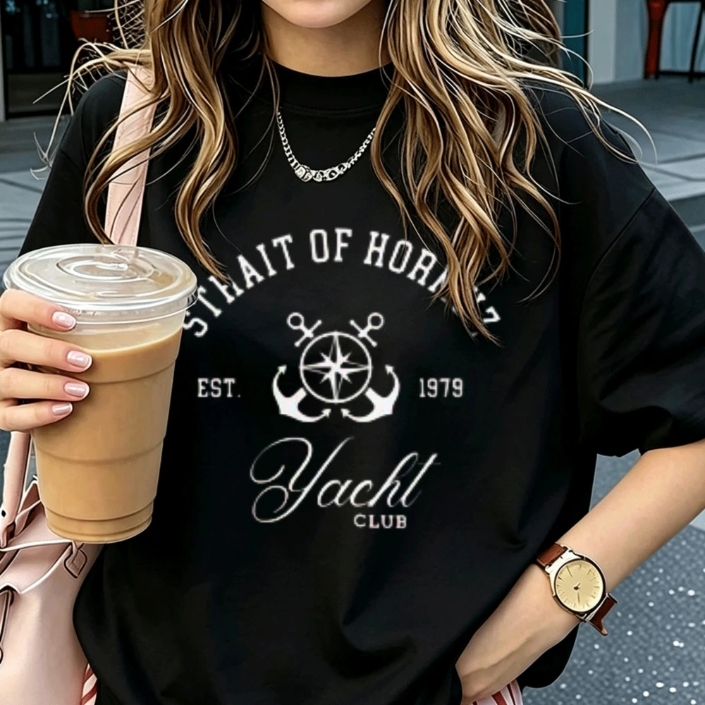 Strait of Horns Yacht Club Anchor Compass Vintage Nautical Graphic Cotton T‑Shirt Retro Marine Style Casual Daily Streetwear Top