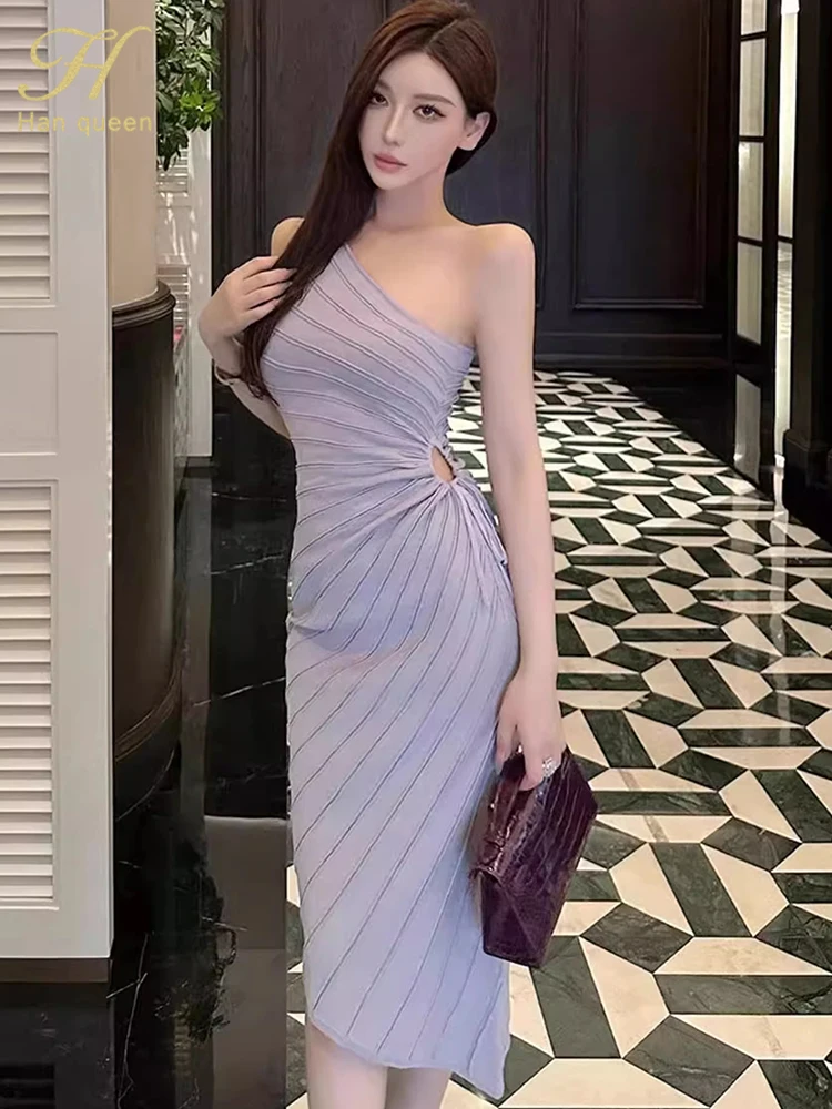 Damskie elastyczne letnie proste sukienki na imprezę, seksowne, asymetryczne, na jedno ramię, w paski, ołówkowe.